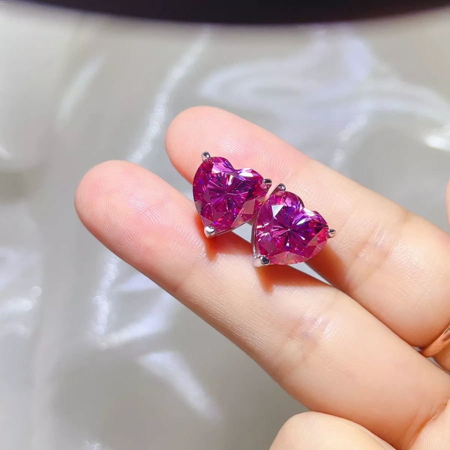 10 Carat 925 Sterling Silver Moissanite Heart Stud Earrings Hot Pink / One Size Apparel and Accessories