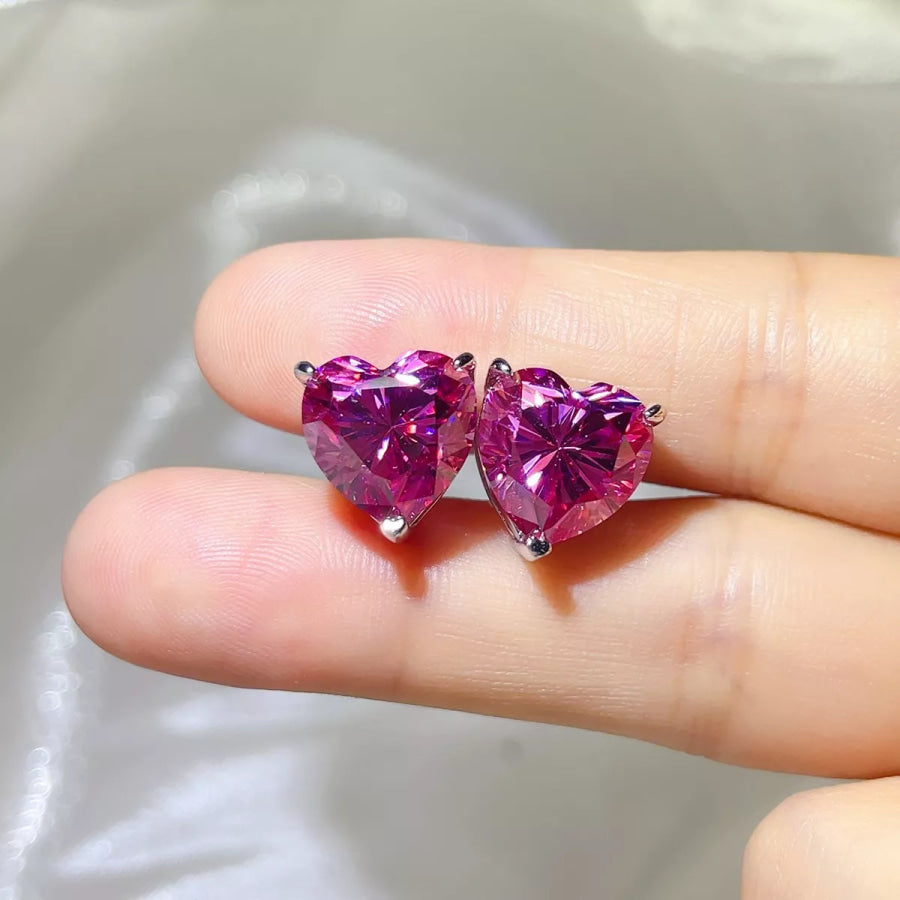 10 Carat 925 Sterling Silver Moissanite Heart Stud Earrings Hot Pink / One Size Apparel and Accessories