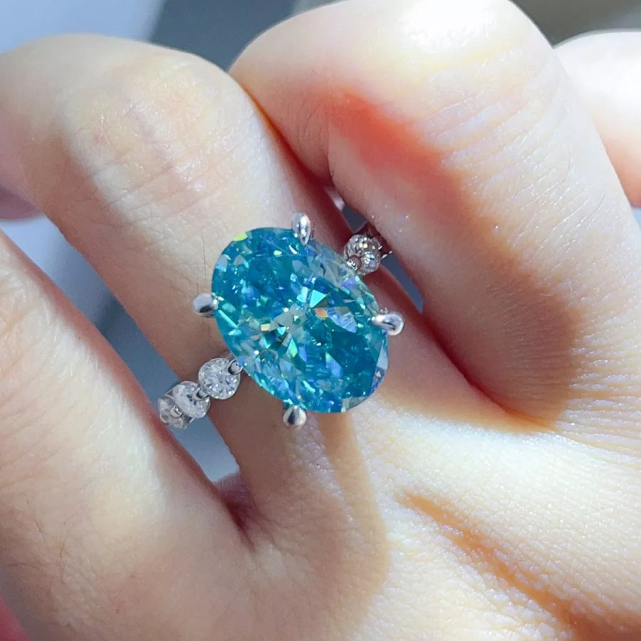 10 Carat 925 Sterling Silver Moissanite Oval Ring Cerulean / 5 Apparel and Accessories