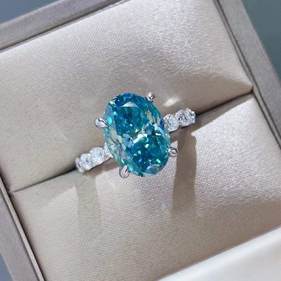 10 Carat 925 Sterling Silver Moissanite Oval Ring Cerulean / 5 Apparel and Accessories