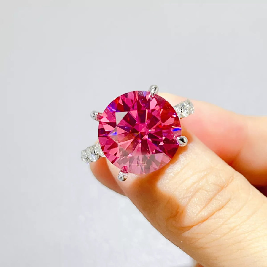 10 Carat 925 Sterling Silver Moissanite Round Cut Ring Hot Pink / One Size Apparel and Accessories