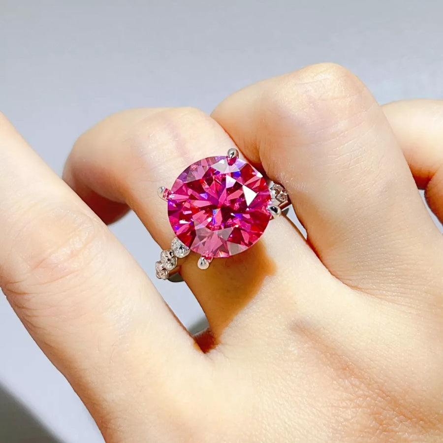 10 Carat 925 Sterling Silver Moissanite Round Cut Ring Hot Pink / One Size Apparel and Accessories