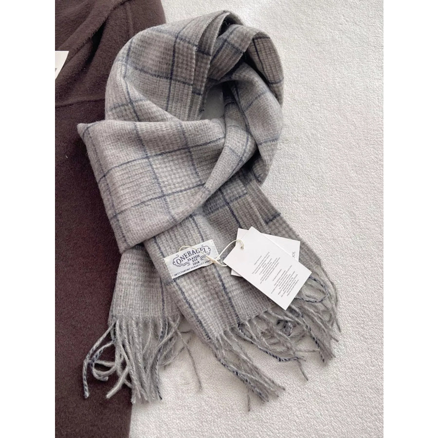 100% Wool Plaid Fringe Scarf Style B / One Size Apparel and Accessories
