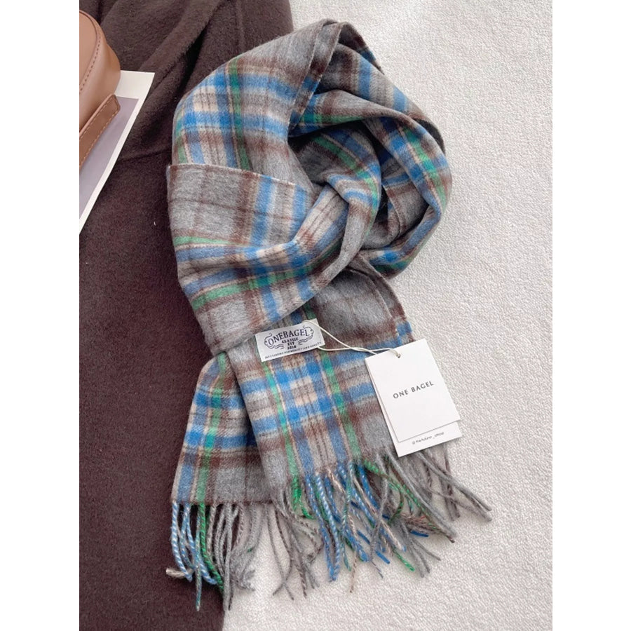 100% Wool Plaid Fringe Scarf Style C / One Size Apparel and Accessories