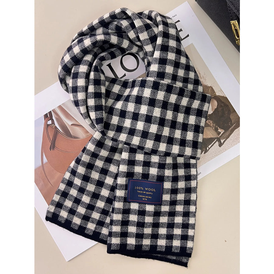 100% Wool Plaid Scarf Black / One Size Apparel and Accessories