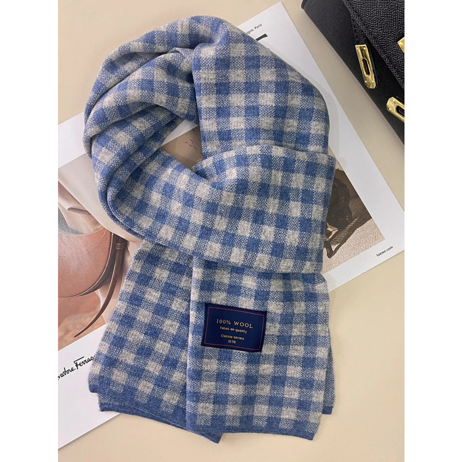 100% Wool Plaid Scarf Light Blue / One Size Apparel and Accessories