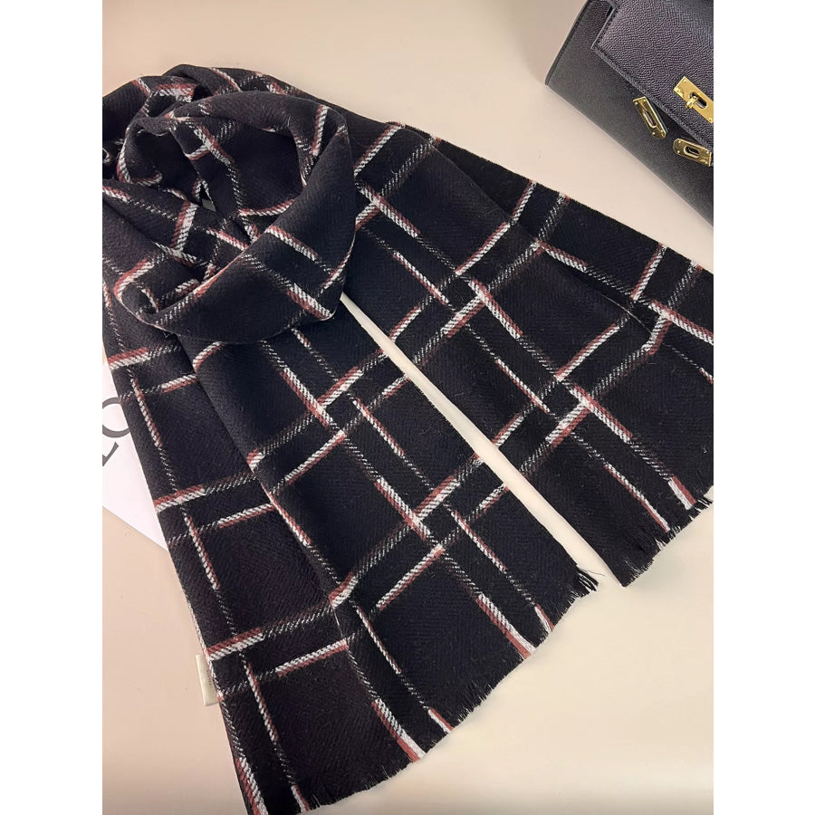 100% Wool Raw Hem Plaid Scarf Apparel and Accessories