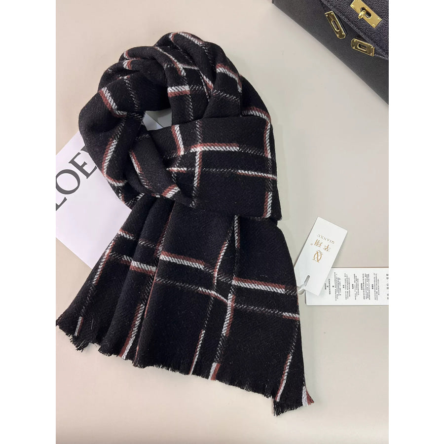 100% Wool Raw Hem Plaid Scarf Black / One Size Apparel and Accessories