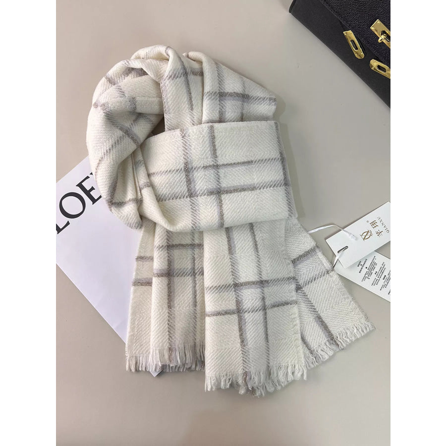 100% Wool Raw Hem Plaid Scarf Ivory / One Size Apparel and Accessories