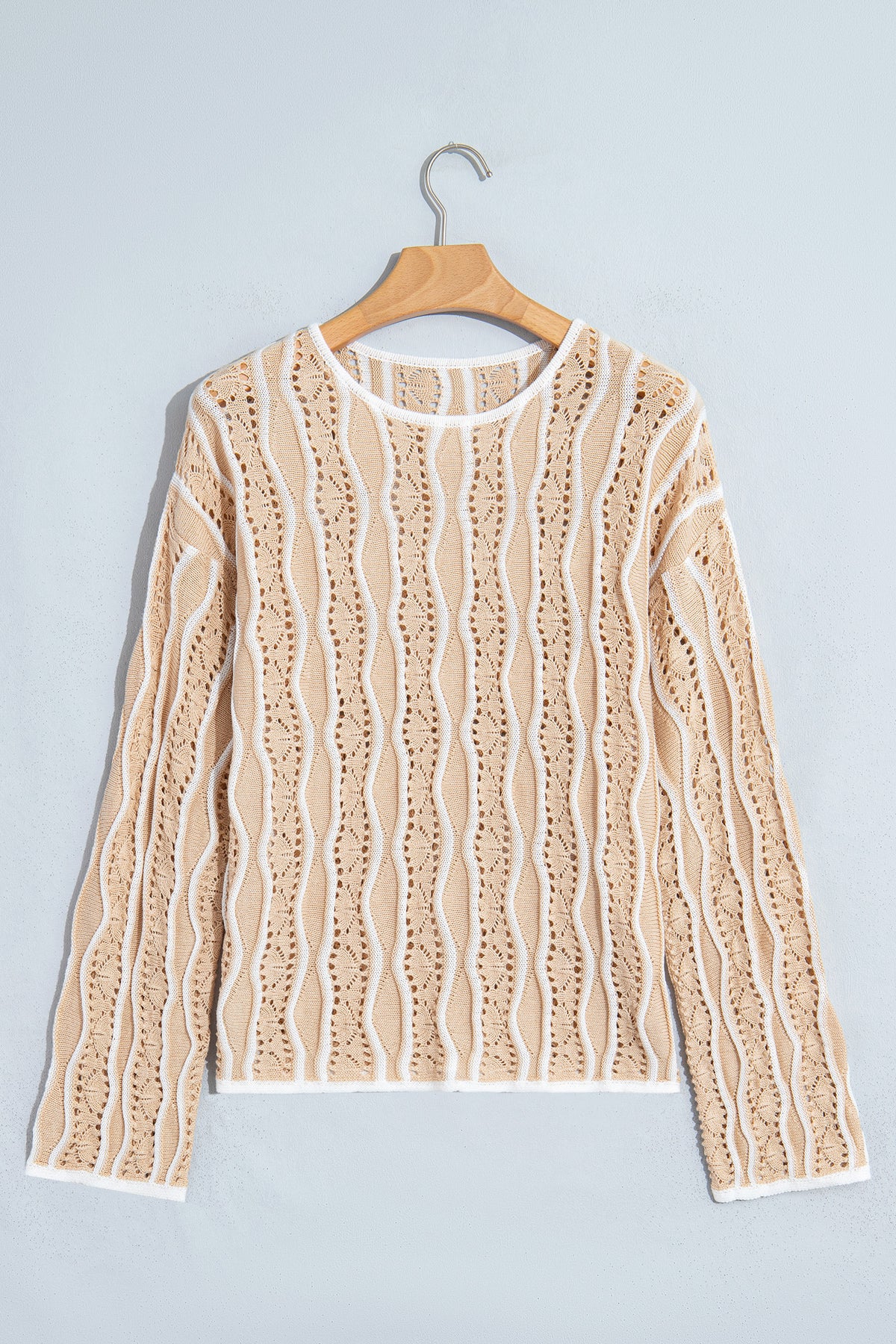 Khaki Wavy Detail Hollow Out Knit Long Sleeve Cotton Pullover Sweater