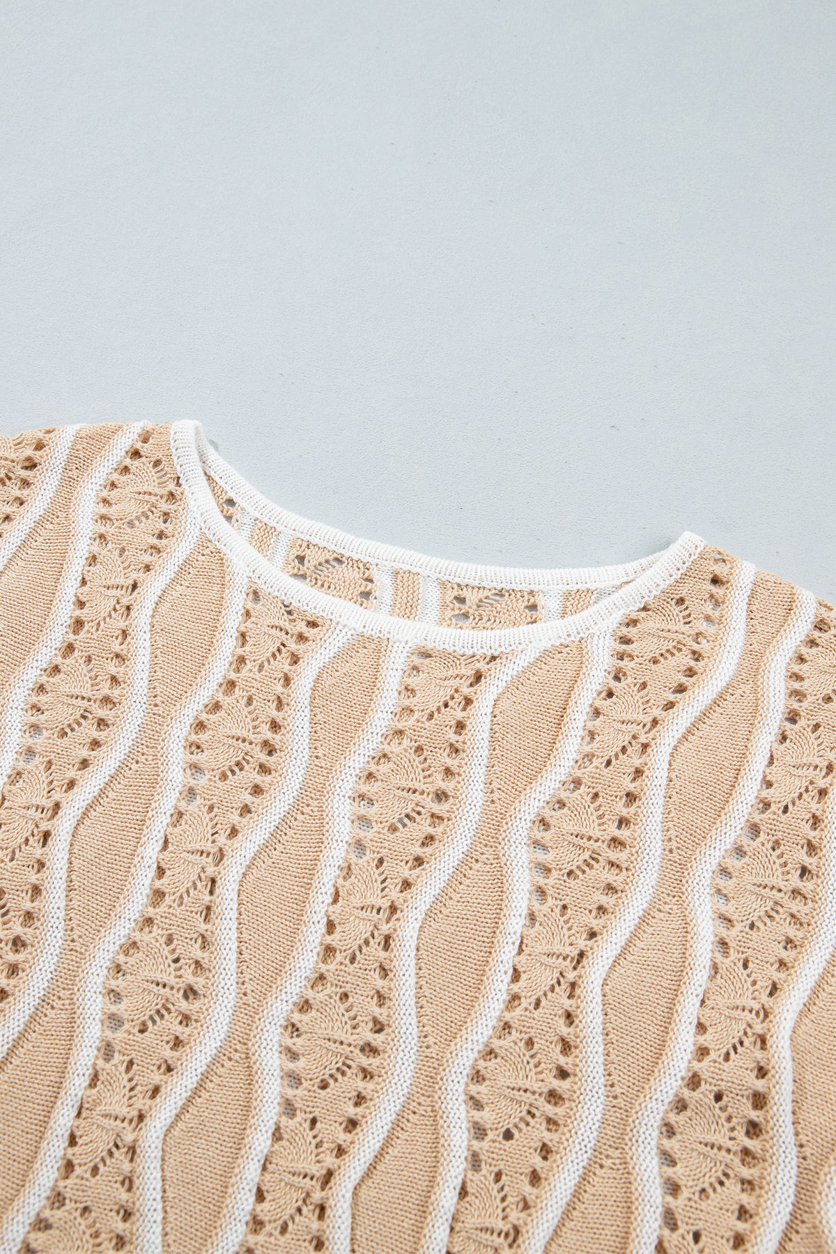 Khaki Wavy Detail Hollow Out Knit Long Sleeve Cotton Pullover Sweater