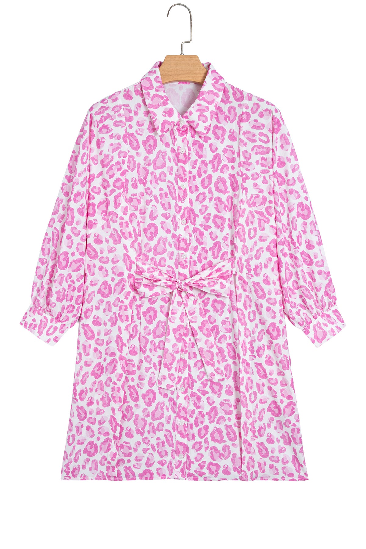 Pink Abstract Leopard Print Tie Waist Puff Sleeve Mini Shirt Dress