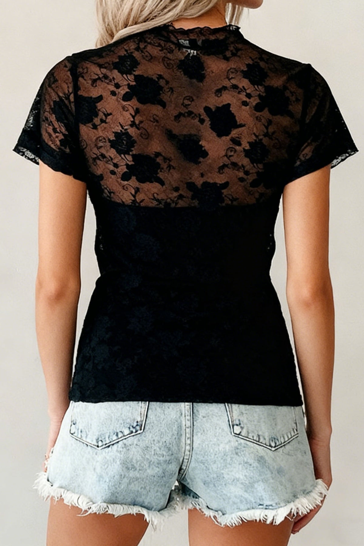 Black Floral Lace Mesh Short Sleeve Sheer Top