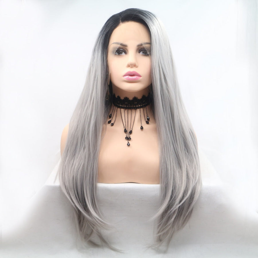 13*3’ Lace Front Wigs Synthetic Long Straight 24’ 130% Density Black/Grey / One Size Apparel and Accessories