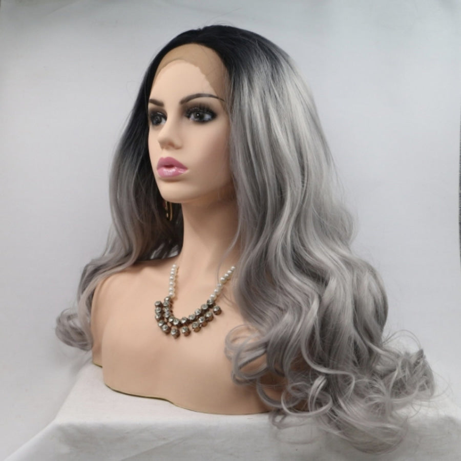 13*3’ Lace Front Wigs Synthetic Long Wavy 24’ 130% Density Black/Grey / One Size Apparel and Accessories