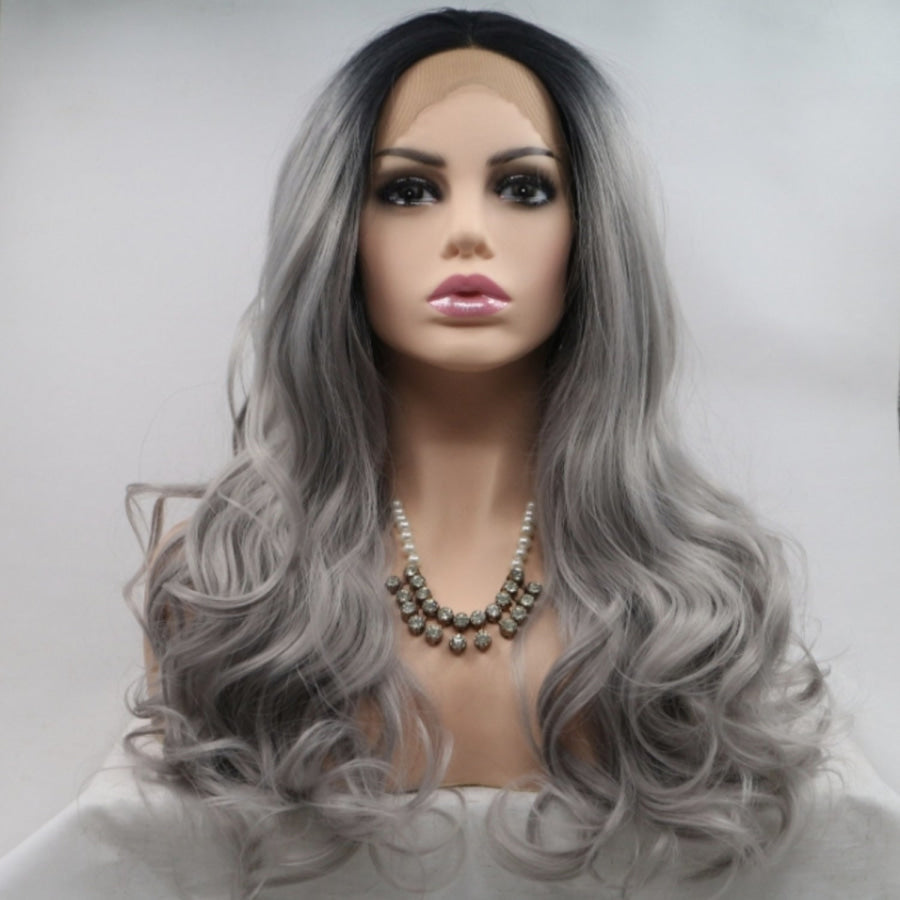 13*3’ Lace Front Wigs Synthetic Long Wavy 24’ 130% Density Black/Grey / One Size Apparel and Accessories