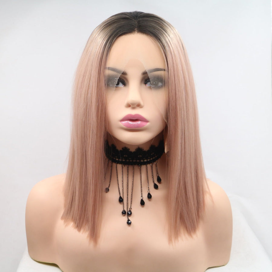 13*3’ Lace Front Wigs Synthetic Mid - length Straight 12’ 130% Density Black/Pink / One Size Apparel and Accessories