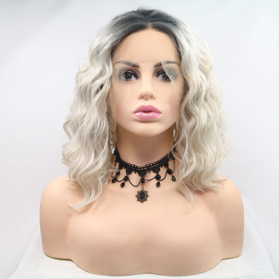 13*3’ Lace Front Wigs Synthetic Mid - length Wavy 12’ 130% Density Black/White / One Size Apparel and Accessories