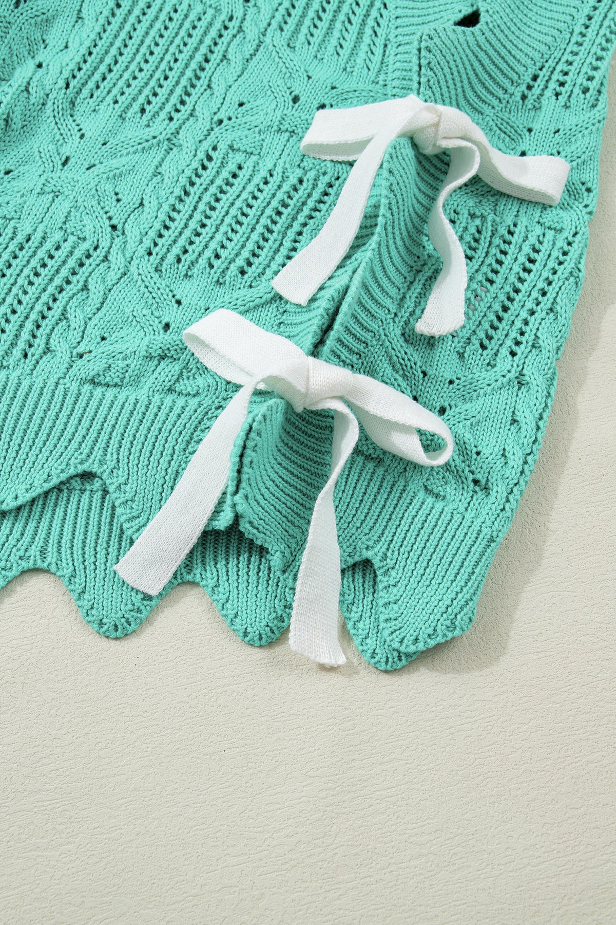 Bonbon Pointelle Knit Patterned Scalloped Trim Short Sleeve Sweater