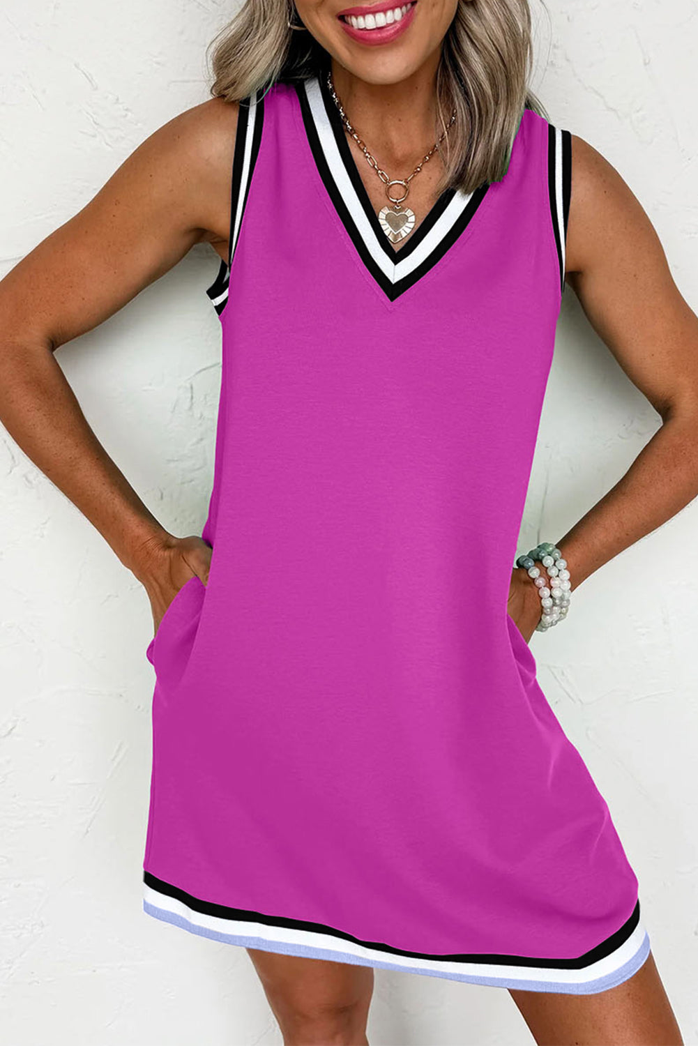 Myosotis Color Contrast Trim V Neck Shift Sleeveless Mini Dress
