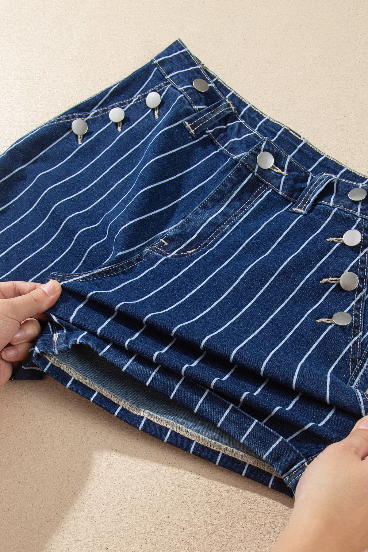 Blue Stripe Metal Button Detail Womens Denim Shorts