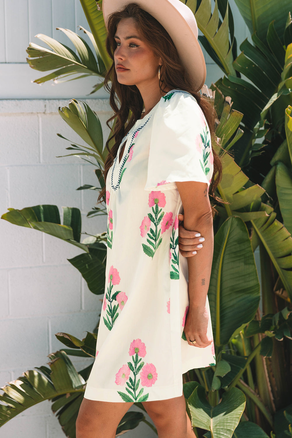 Rose Floral Short Sleeve Split Neck Loose Mini Dress