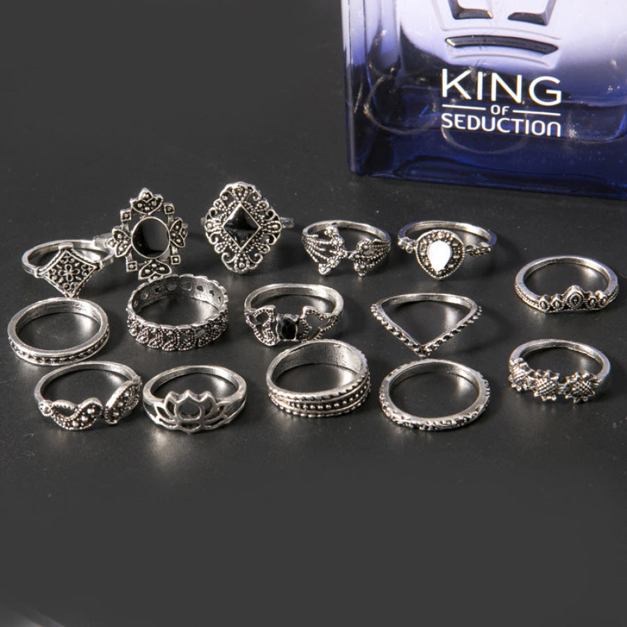 15 Piece Alloy Vintage Ring Set Silver / One Size Apparel and Accessories