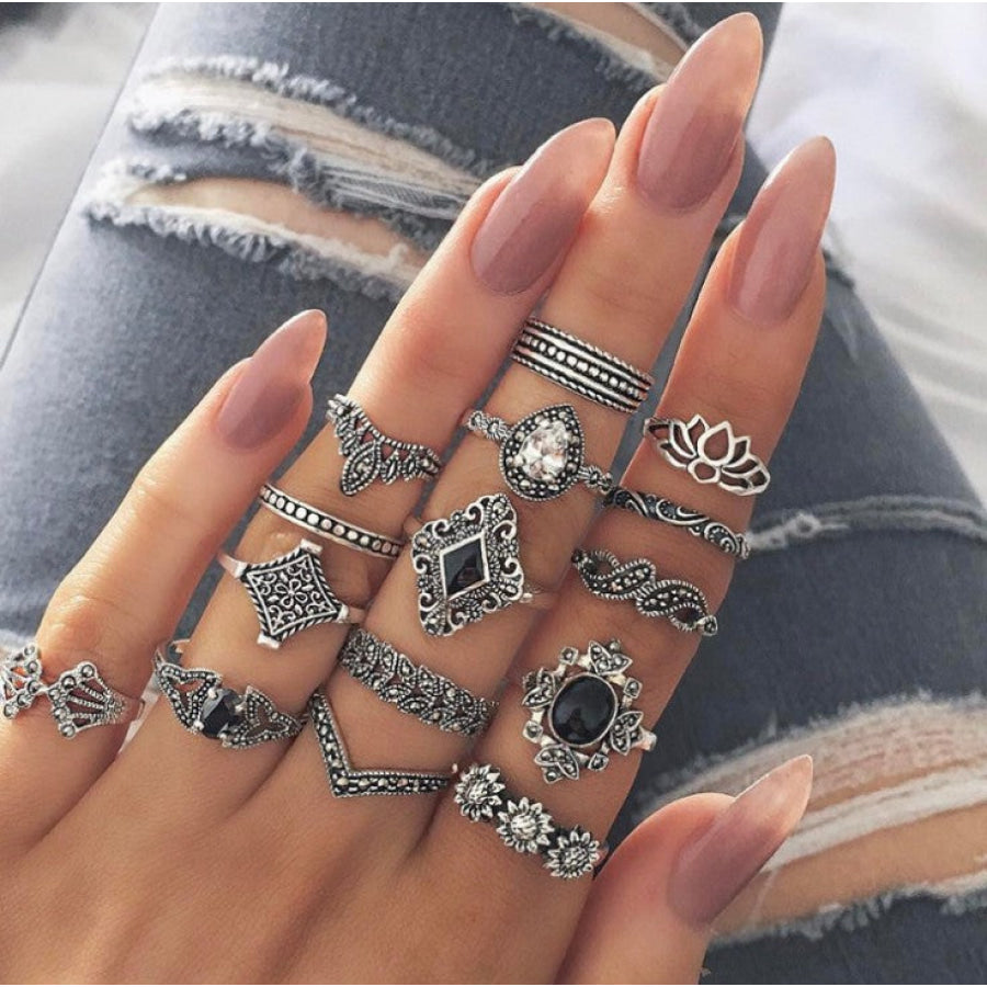 15 Piece Alloy Vintage Ring Set Silver / One Size Apparel and Accessories