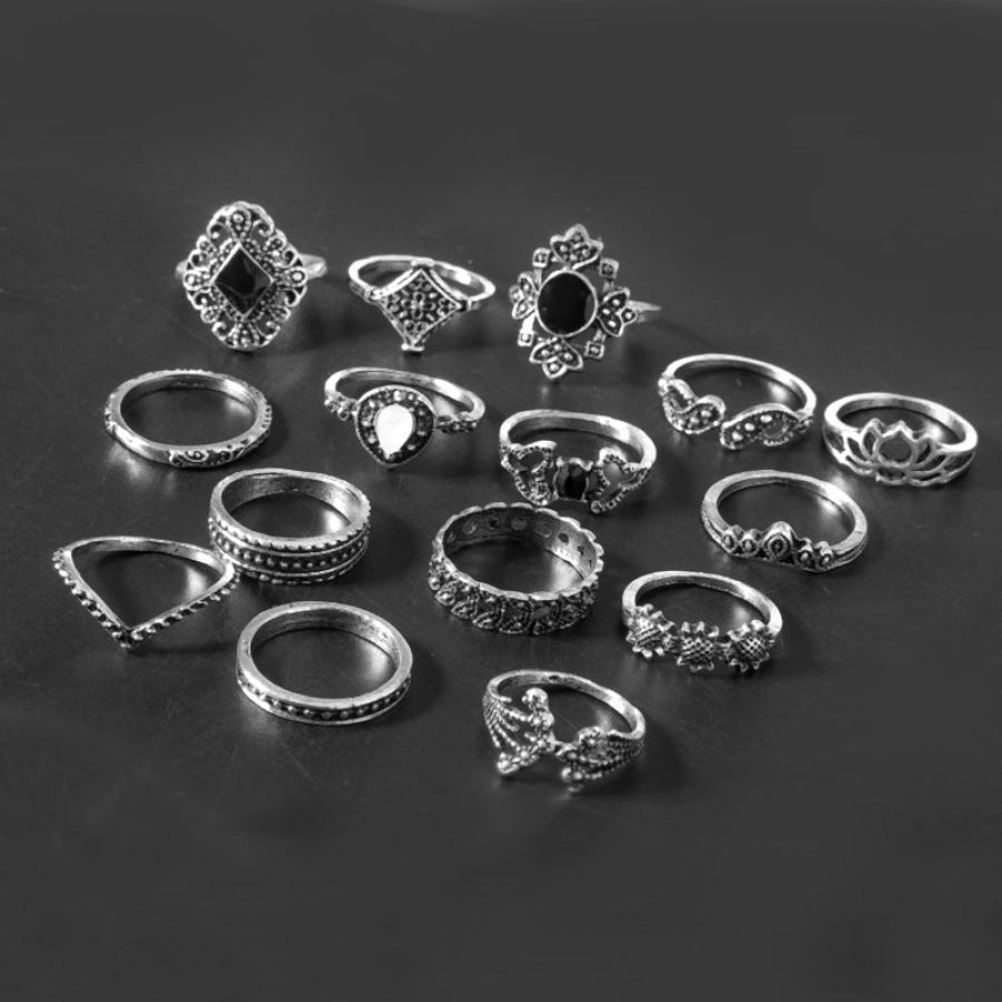 15 Piece Alloy Vintage Ring Set Silver / One Size Apparel and Accessories