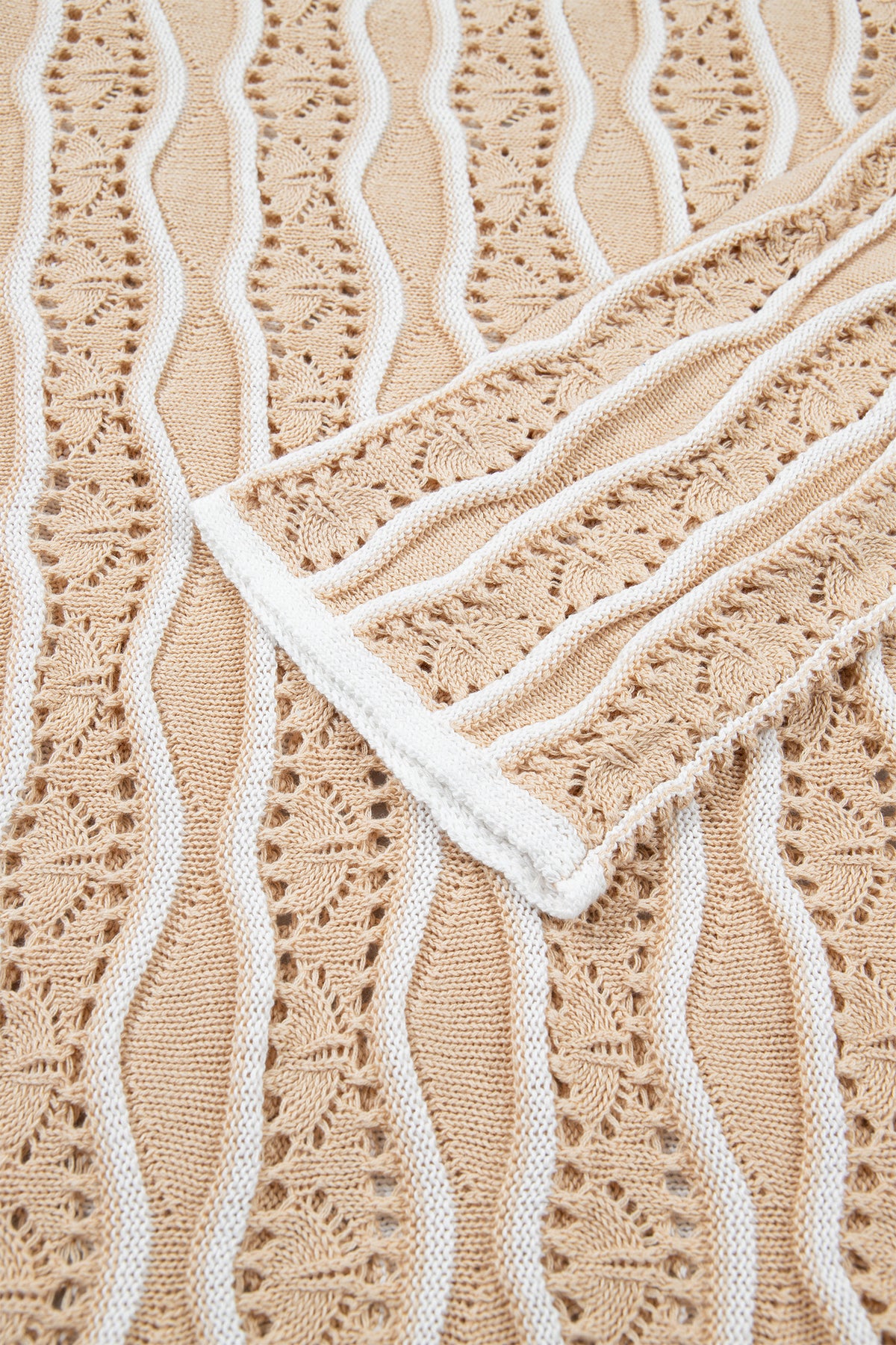 Khaki Wavy Detail Hollow Out Knit Long Sleeve Cotton Pullover Sweater