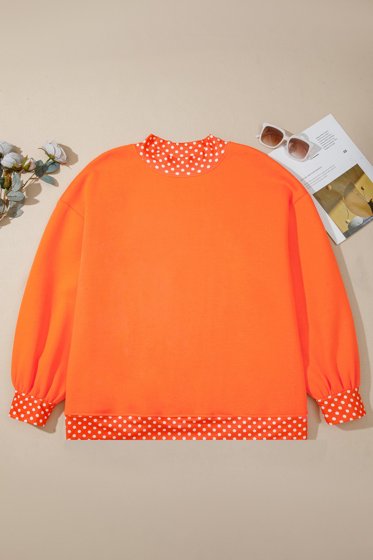 Racing Red Polka Dot Patchwork Round Neck Plus Size Sweatshirt
