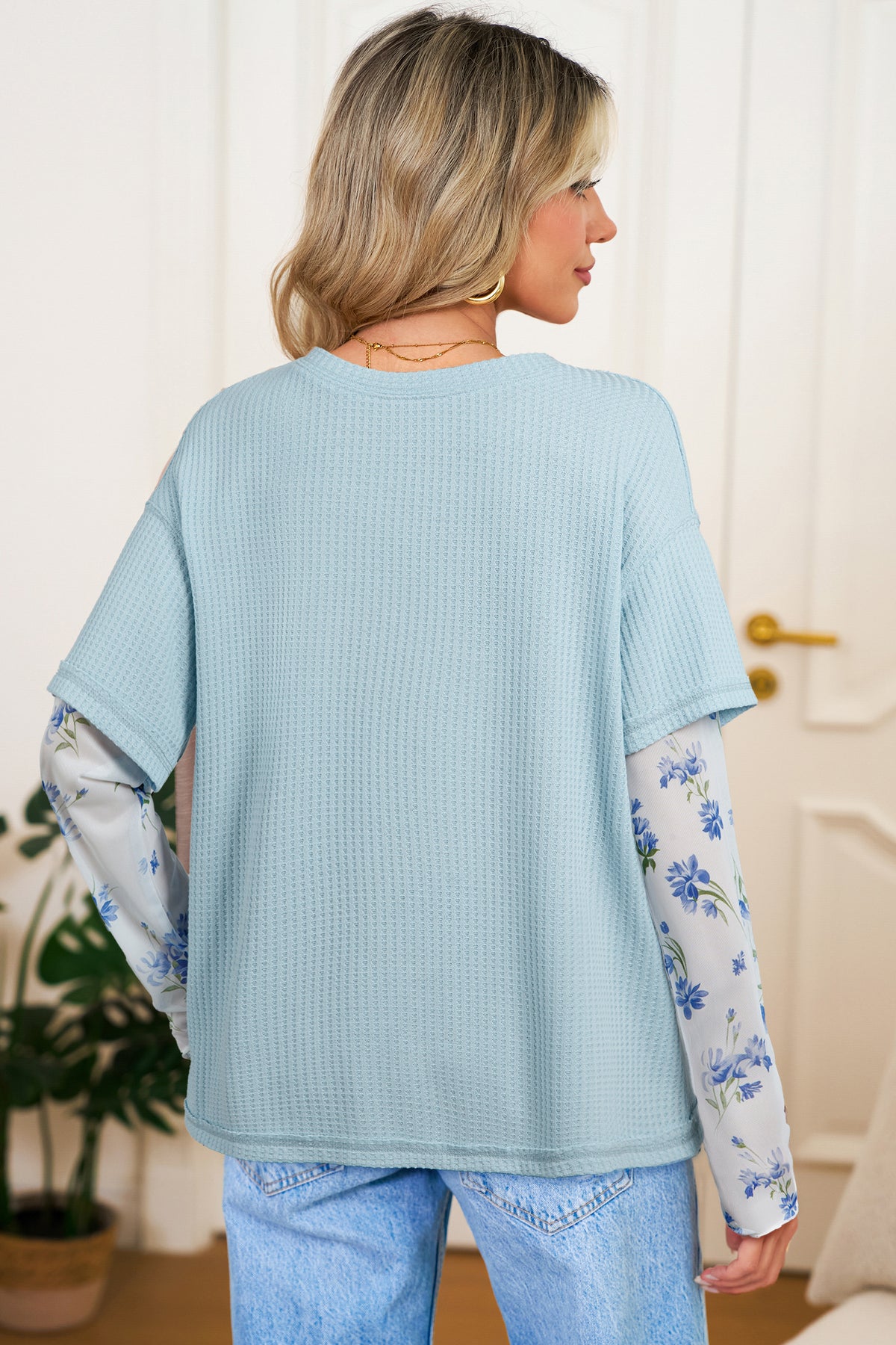 Beau Blue Floral Lace Sleeve Patchwork Waffle Fake Two-piece Top