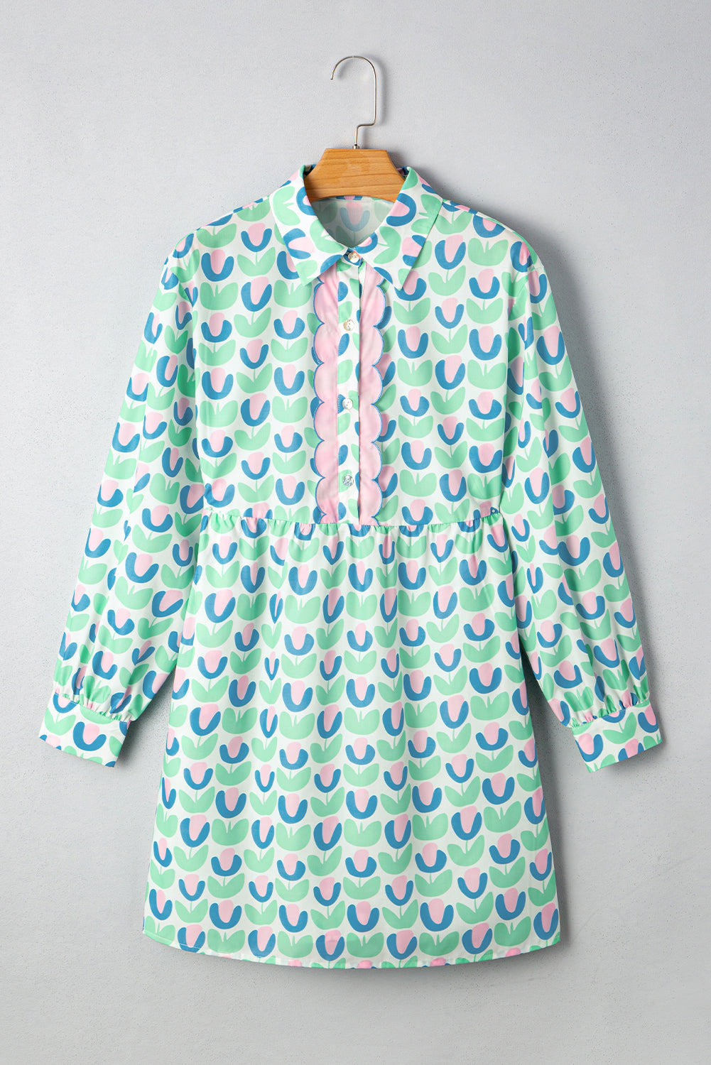 Green Floral Print Notched Neck Scalloped Detail Long Sleeve Mini Dress