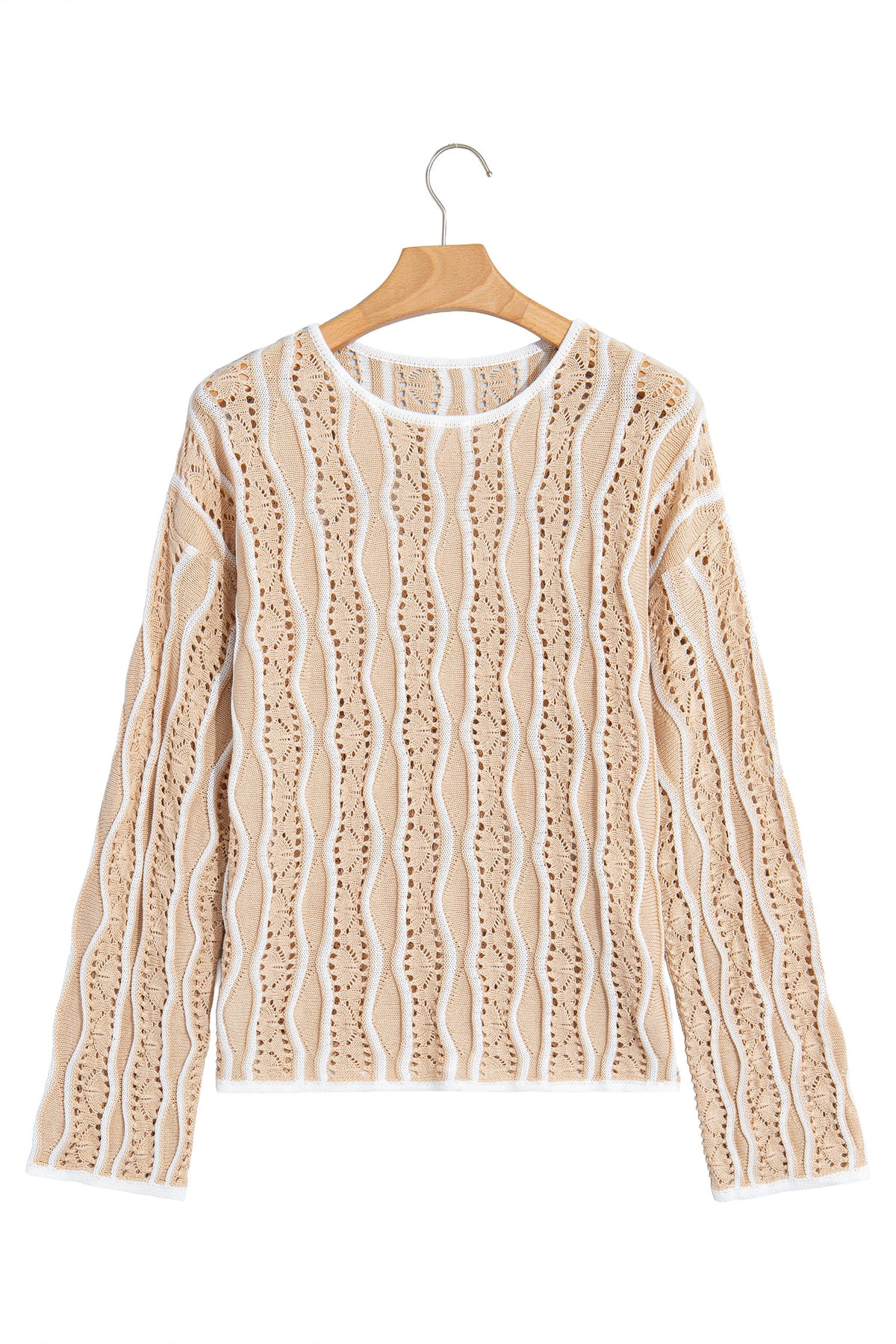Khaki Wavy Detail Hollow Out Knit Long Sleeve Cotton Pullover Sweater
