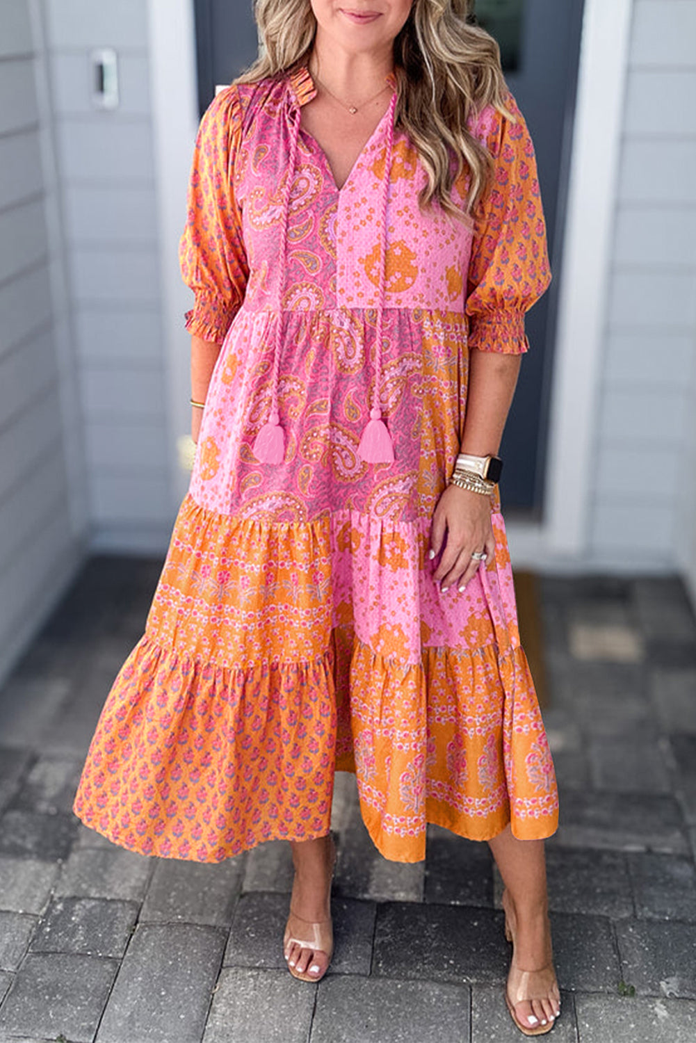 Pink Boho Paisley Floral Mixed Patchwork Tassel Tie Plus Size Midi Dress Pink / 1X / 100% Polyester Plus Size/Plus Size Dresses/Plus Size