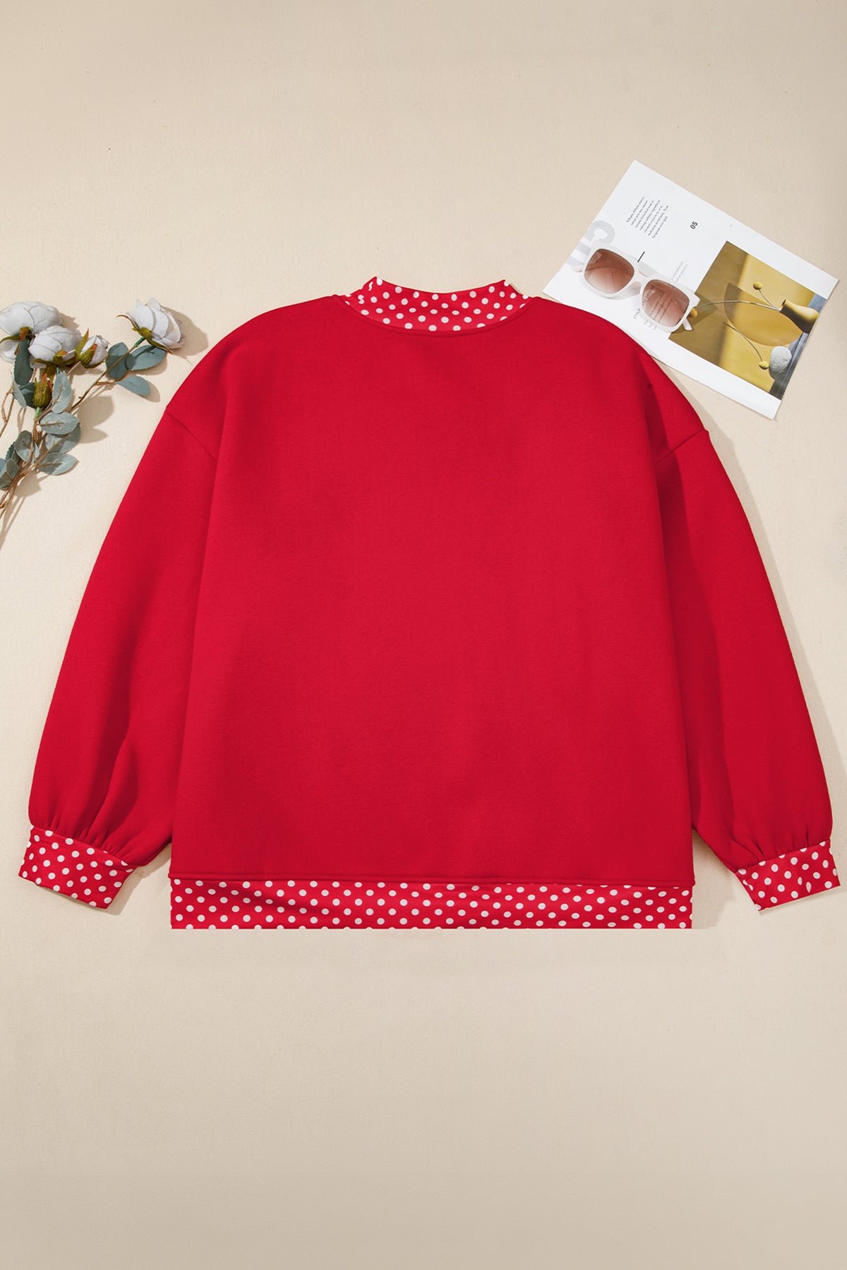 Racing Red Polka Dot Patchwork Round Neck Plus Size Sweatshirt