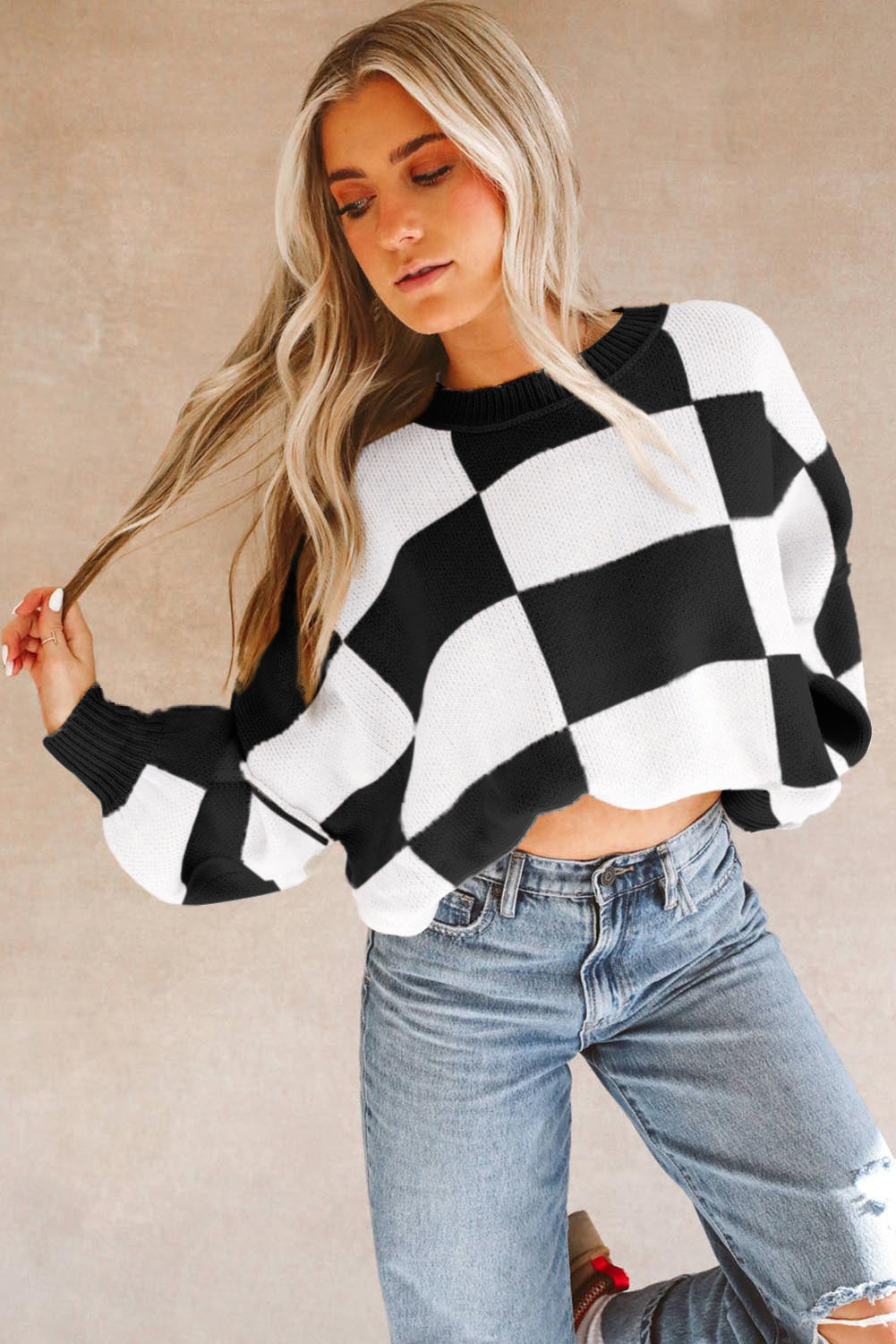 Black Checkered Bishop Sleeve Sweater Sweaters & Cardigans/Sweaters