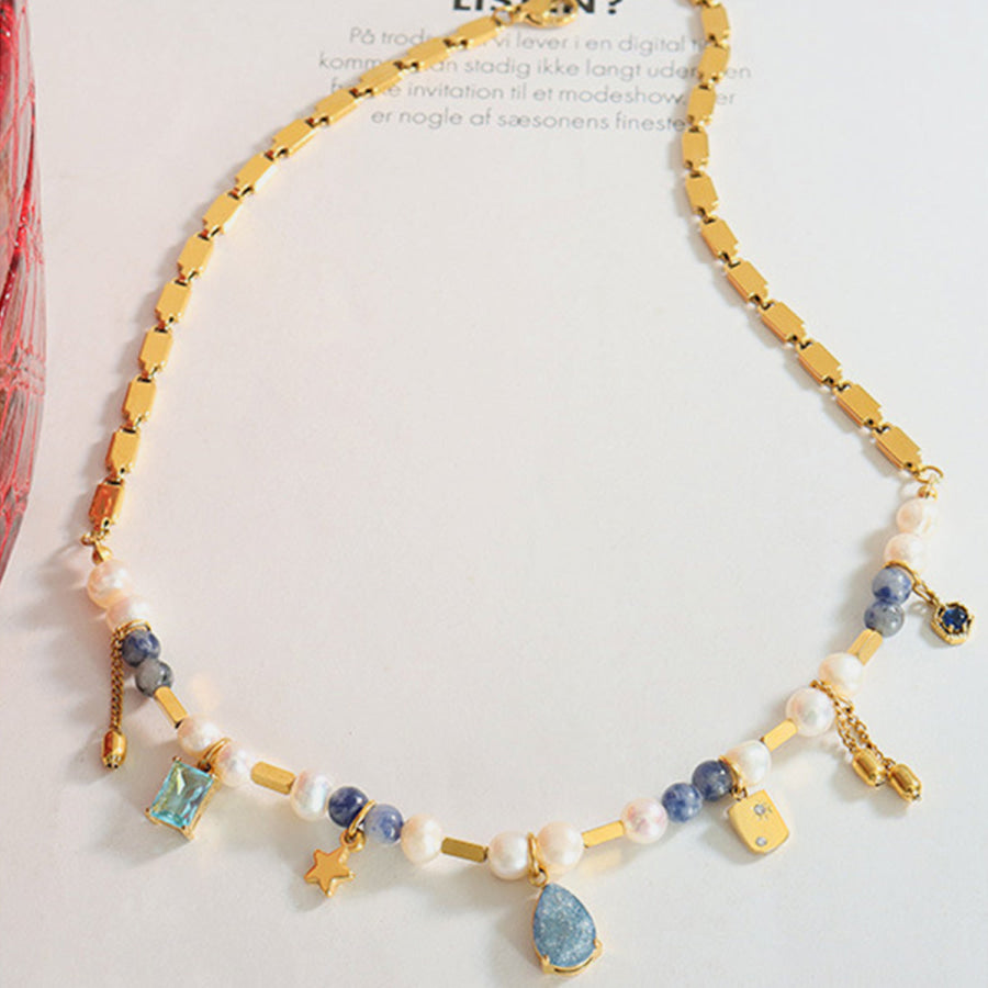 18K Gold - Plated Beaded Charm Necklace Gold / One Size Apparel and Accessories