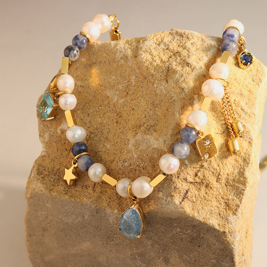 18K Gold - Plated Beaded Charm Necklace Gold / One Size Apparel and Accessories