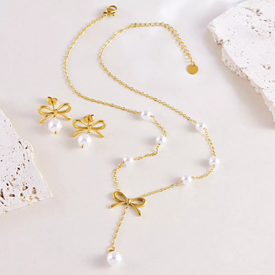 18K Gold-Plated Bowknot Pearl Jewelry Set Gold / One Size Apparel and Accessories