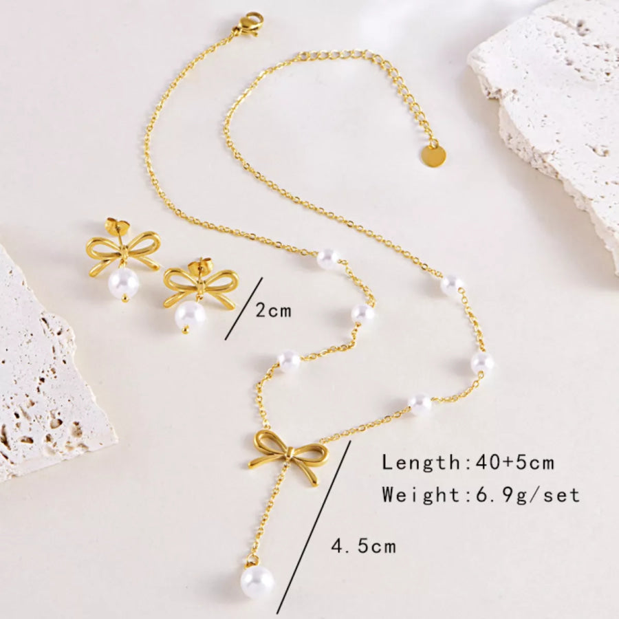 18K Gold-Plated Bowknot Pearl Jewelry Set Gold / One Size Apparel and Accessories