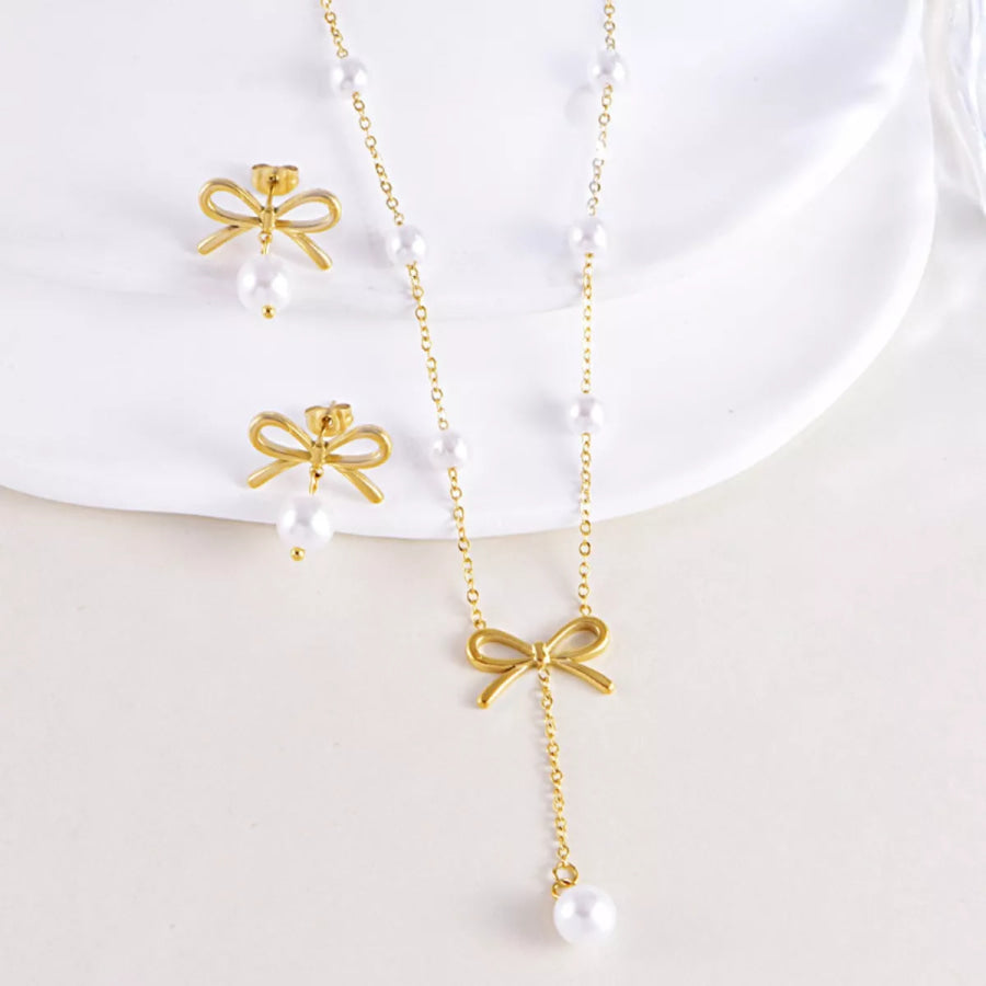18K Gold-Plated Bowknot Pearl Jewelry Set Gold / One Size Apparel and Accessories