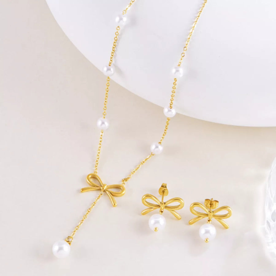 18K Gold-Plated Bowknot Pearl Jewelry Set Gold / One Size Apparel and Accessories