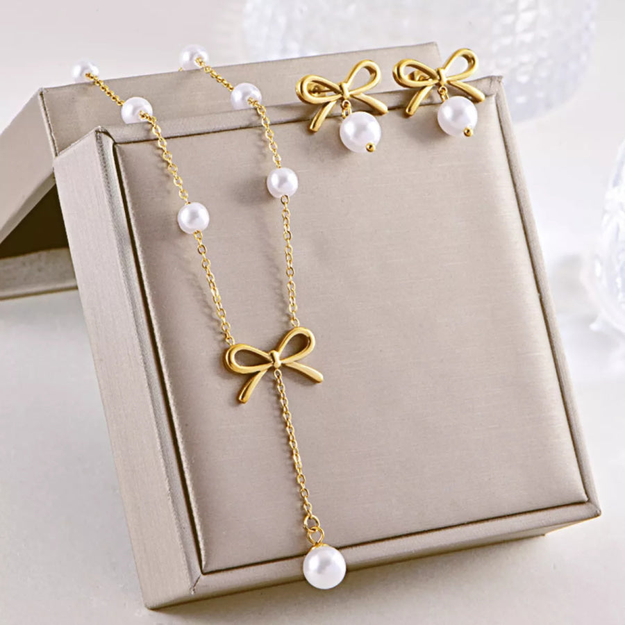 18K Gold-Plated Bowknot Pearl Jewelry Set Gold / One Size Apparel and Accessories