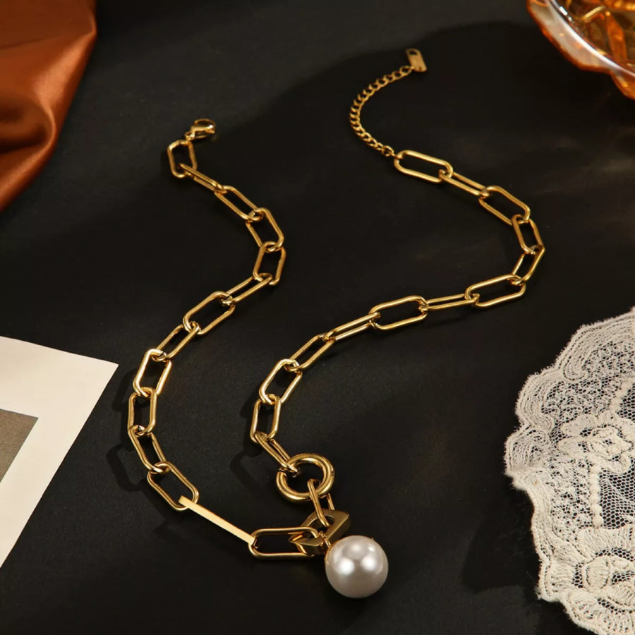18K Gold-Plated Chain Pearl Necklace Gold / One Size Apparel and Accessories