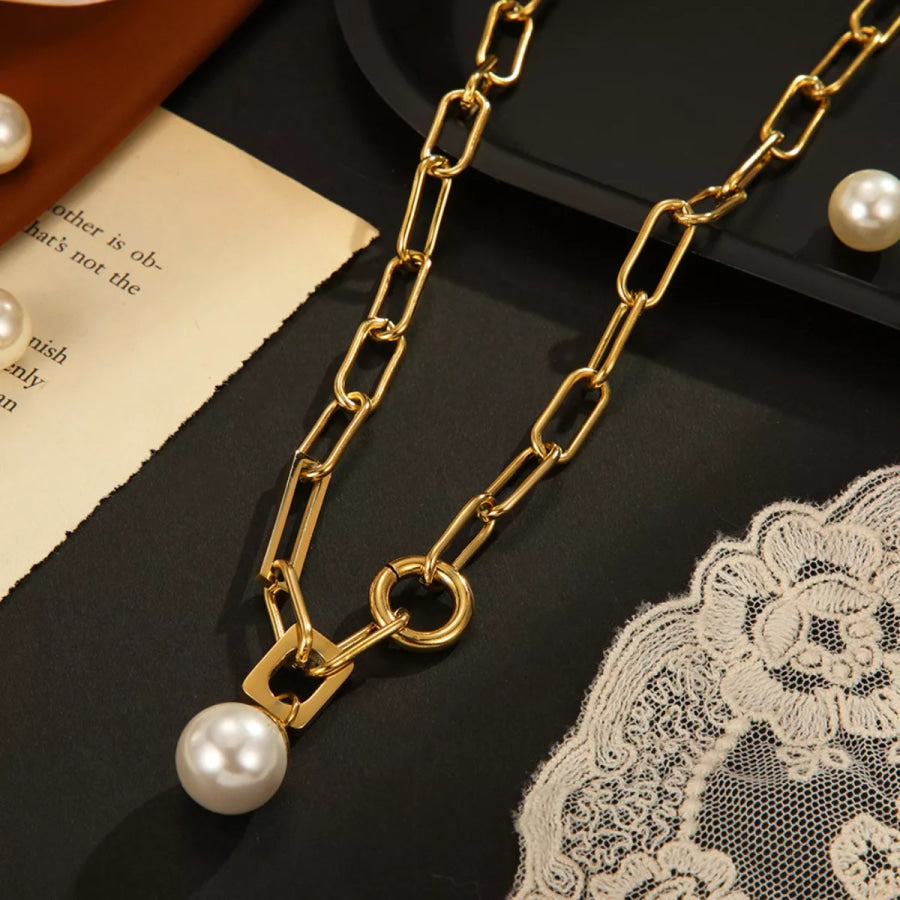 18K Gold-Plated Chain Pearl Necklace Gold / One Size Apparel and Accessories