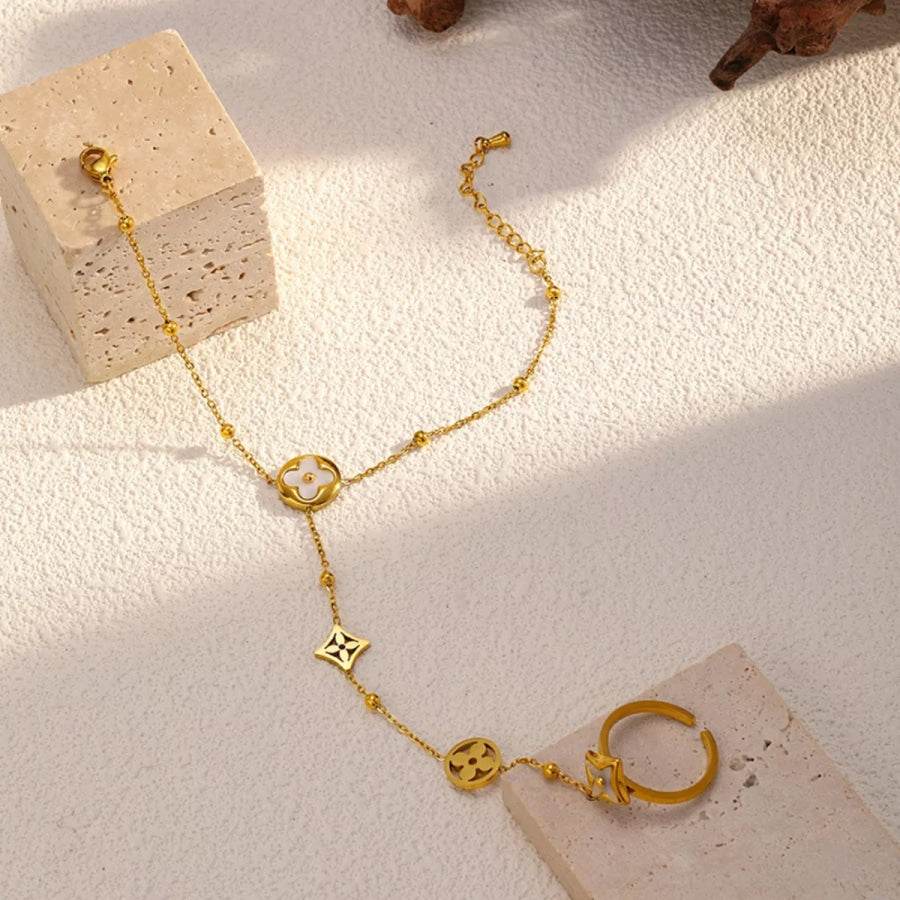 18K Gold-Plated Clover Charm Hand Chain Bracelet Gold / One Size Apparel and Accessories