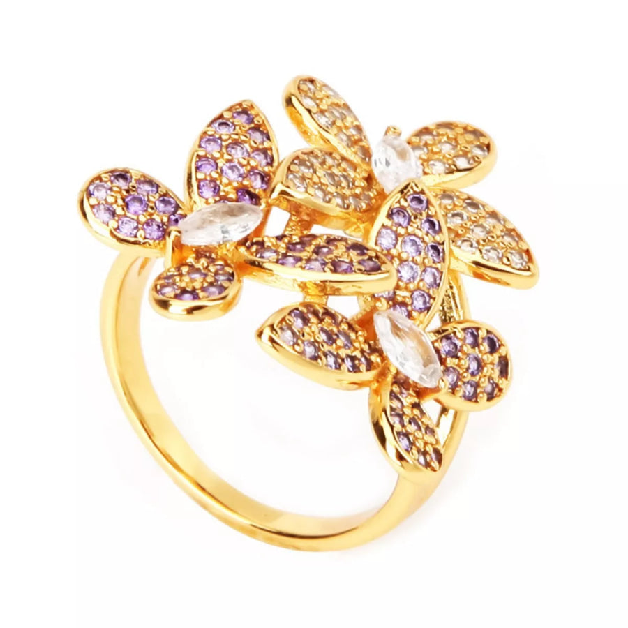 18K Gold-Plated Copper Rhinestone Zircon Flower Ring Apparel and Accessories