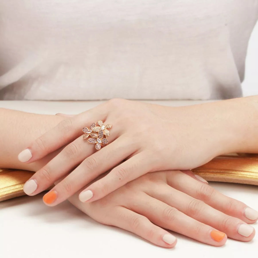 18K Gold-Plated Copper Rhinestone Zircon Flower Ring Apparel and Accessories