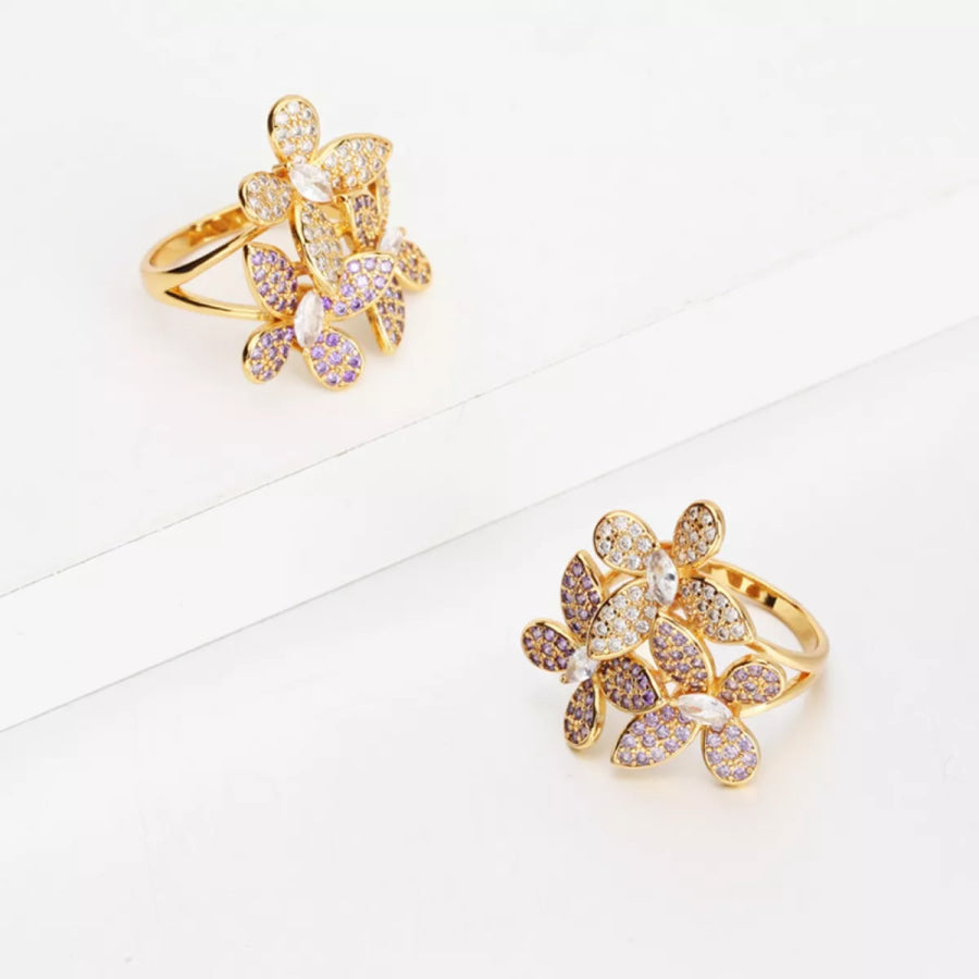 18K Gold-Plated Copper Rhinestone Zircon Flower Ring Apparel and Accessories